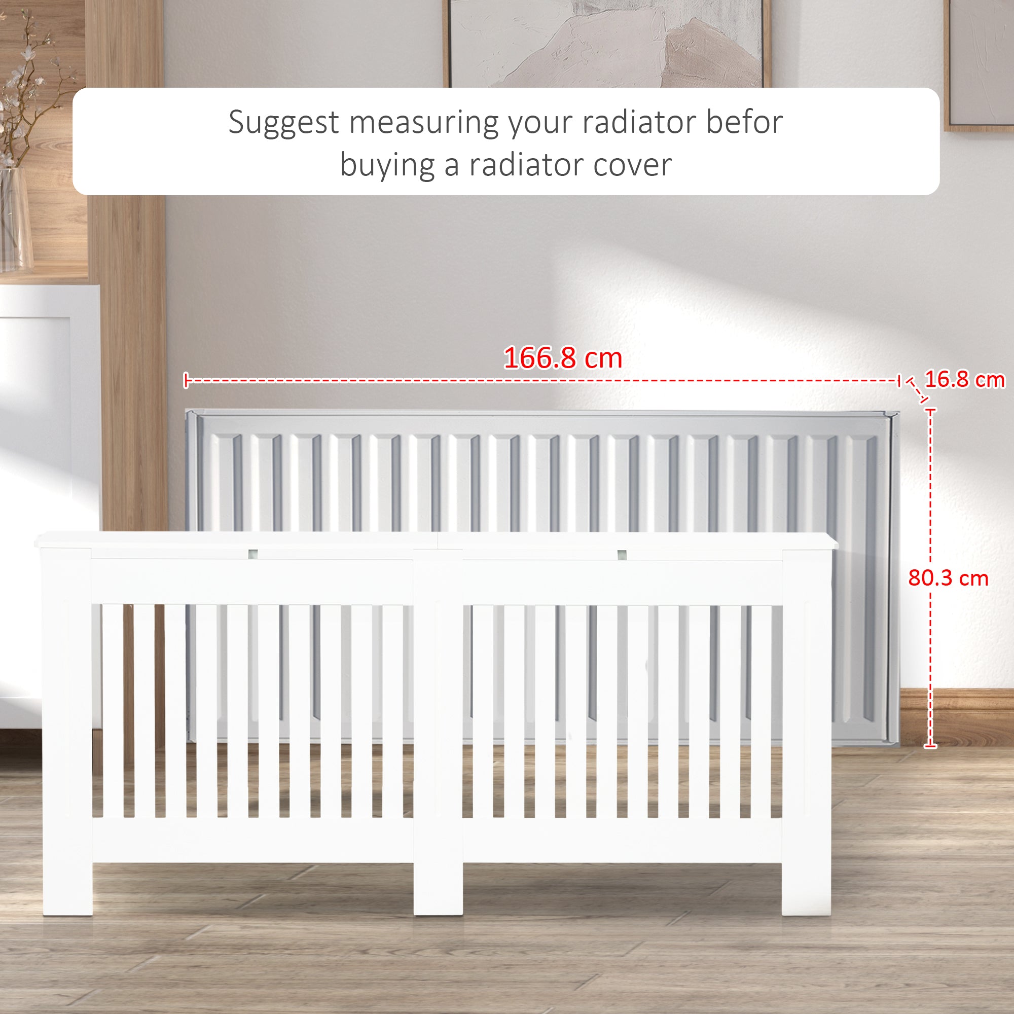 HOMCOM Slatted Radiator Cover Painted Cabinet MDF Lined Grill in White (172L x 19W x 81H cm) 