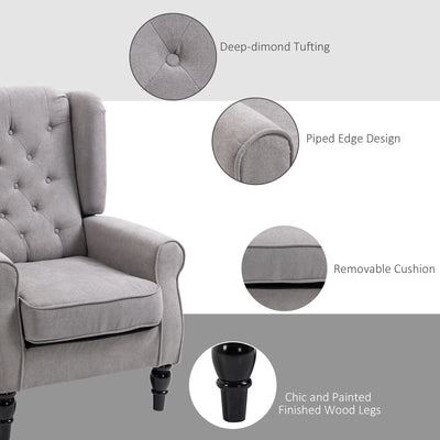HOMCOM Retro Accent Chair, Wingback Armchair with Wood Frame Button Tufted Design for Living Room Bedroom, Grey 