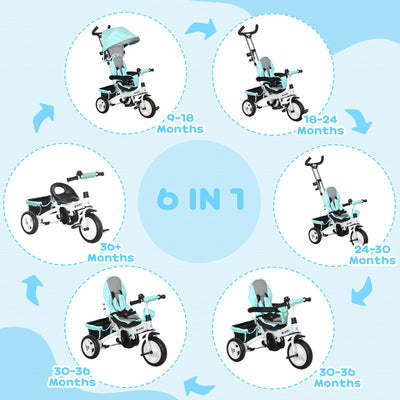 HOMCOM 6 in 1 Kids Trike Push Bike w/ Push Handle, Canopy, 5-point Safety Belt, Storage, Footrest, Brake, for 1-5 Years, Green 