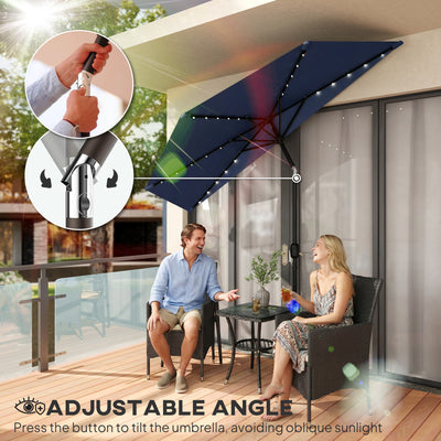 Outsunny 2.6 m Half Garden Parasol with Solar LED Lights, UPF50+ Semi Round Umbrella with 30° Tilt, Crank Handle, Dark Blue 