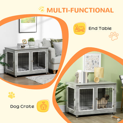 PawHut Dog Crate Furniture, Side End Table, Indoor Dog Kennel with Soft Washable Cushion, Wire Mesh, Large Top, for Medium and Large Dogs,90 x 58 x 65, Grey 