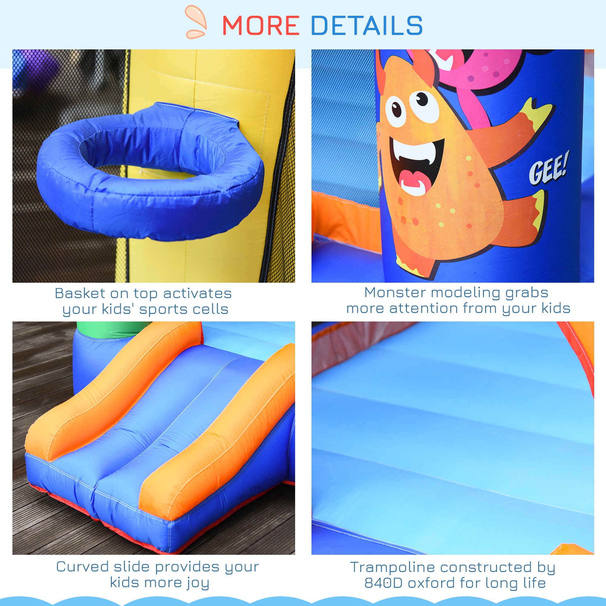 Outsunny Bouncy Castle Inflatable Basket Trampoline Slide Monster Design 180 x 250 x 175 (CM) 