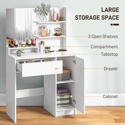 HOMCOM Dressing Table with Mirror and Stool, Vanity Table, Modern Makeup Desk with Drawer, Storage Cabinet and Adjustable Shelf for Bedroom, White 