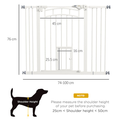 PawHut Pressure Fit Stair Dog Gate w/ Small Cat Door, Automatic Closing Door, Double Locking, for 74-100cm Openings - White 