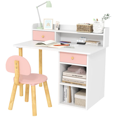 AIYAPLAY 2 Pieces Children Study Table with Hutch, Kids Desk and Chair Set with Storage Drawer, Shelves - Pink 