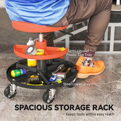 HOMCOM Rolling Mechanic Stool, 135kg Capacity Workshop Stool, 360° Swivel Roller Padded Creeper Seat with Wheels, Tool Trays Storage for Garage, Shop, Auto Repair, Yellow 