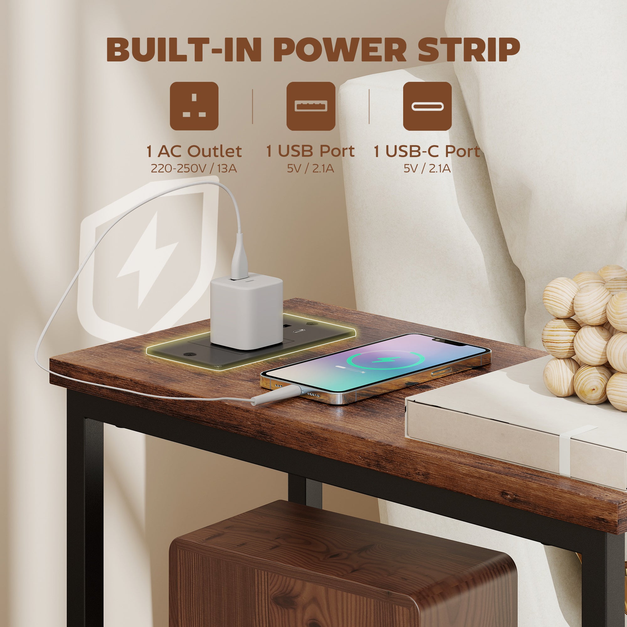 HOMCOM Side Table, Narrow Bedside Table with Charging Station, 2 Drawers, AC Outlet and 2 USB Ports for Living Room, Bedroom 