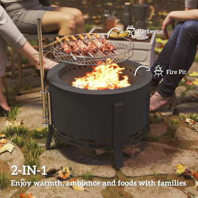 Outsunny Portable Fire Pit, 58 cm Round Firepit with Grill Grate, Fire Bowl with Ash Catcher and Poker, Fire Pit BBQ for Garden Camping Bonfire Picnic, Black 