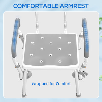 HOMCOM EVA Padded Shower Chair for the Elderly and Disabled, Height Adjustable Shower Stool with Back and Arms, 4 Suction Foot Pads, Light Grey 
