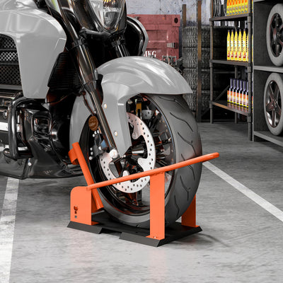 HOMCOM Motorcycle Wheel Chock, 816.5 kg Capacity Heavy Duty Steel Motorcycle Front Wheel Chock Holder with 3 Height Adjustable Holes, Fits 381-533.4 mm Wheels, Orange 