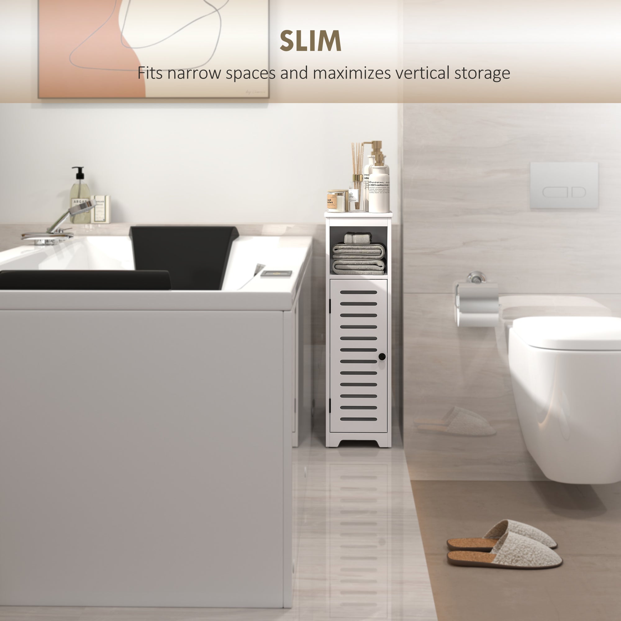 HOMCOM Bathroom Floor Cabinet, Bathroom Storage Unit with Louvered Door, Open Shelf, Adjustable Shelf, White, 22 x 20 x 75 cm 