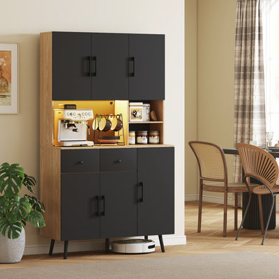HOMCOM 176 cm Kitchen Cupboard with LED Lights - Oak and Black 