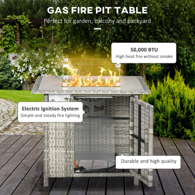 Outsunny Outdoor PE Rattan Gas Fire Pit Table, Patio Square Propane Heater with Rain Cover, Glass Windscreen, and Lava Stone, 50,000 BTU, Grey 