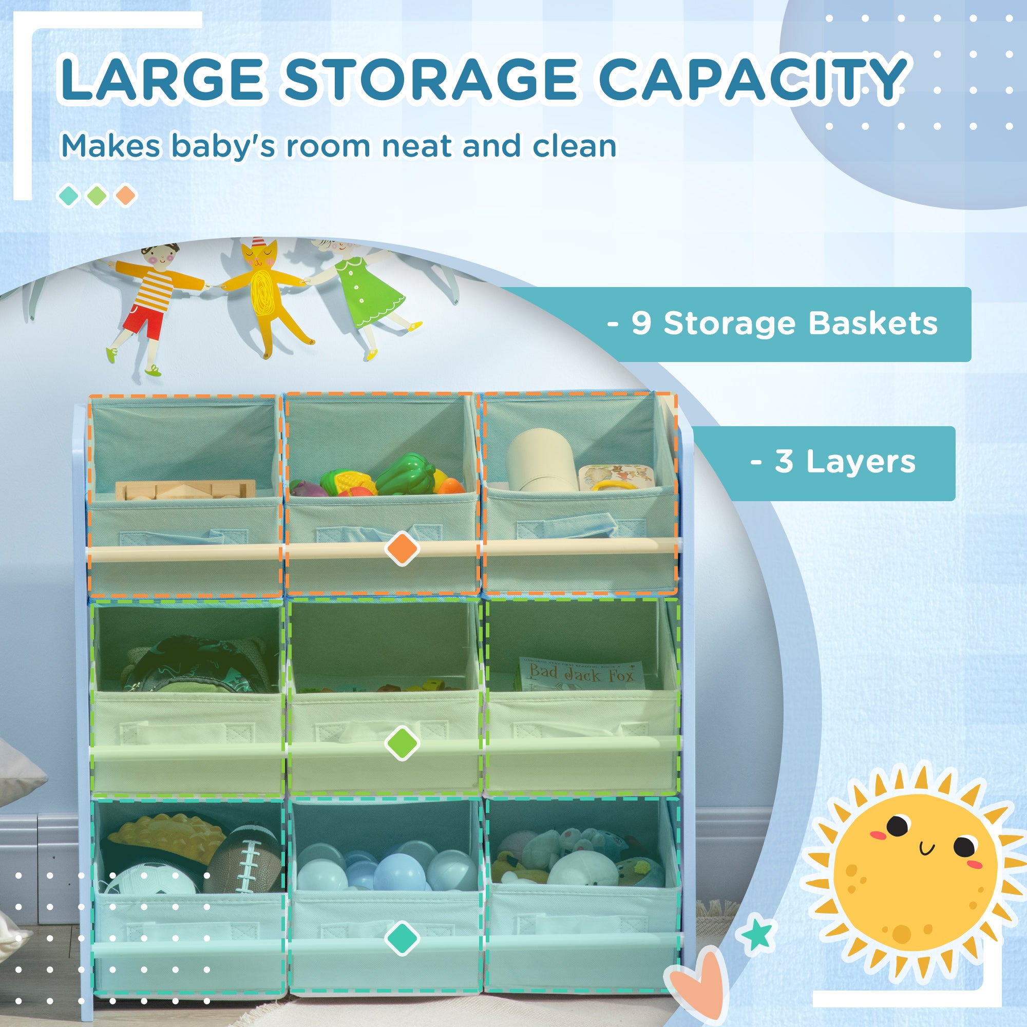 ZONEKIZ Kids Storage Rack, with Nine Removable Baskets, for Nursery, Bedroom, Playroom - Blue 