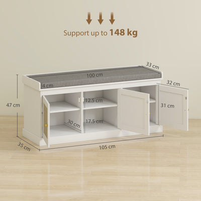 HOMCOM Shoe Storage Bench with Woven Rattan Doors, Seat - White 