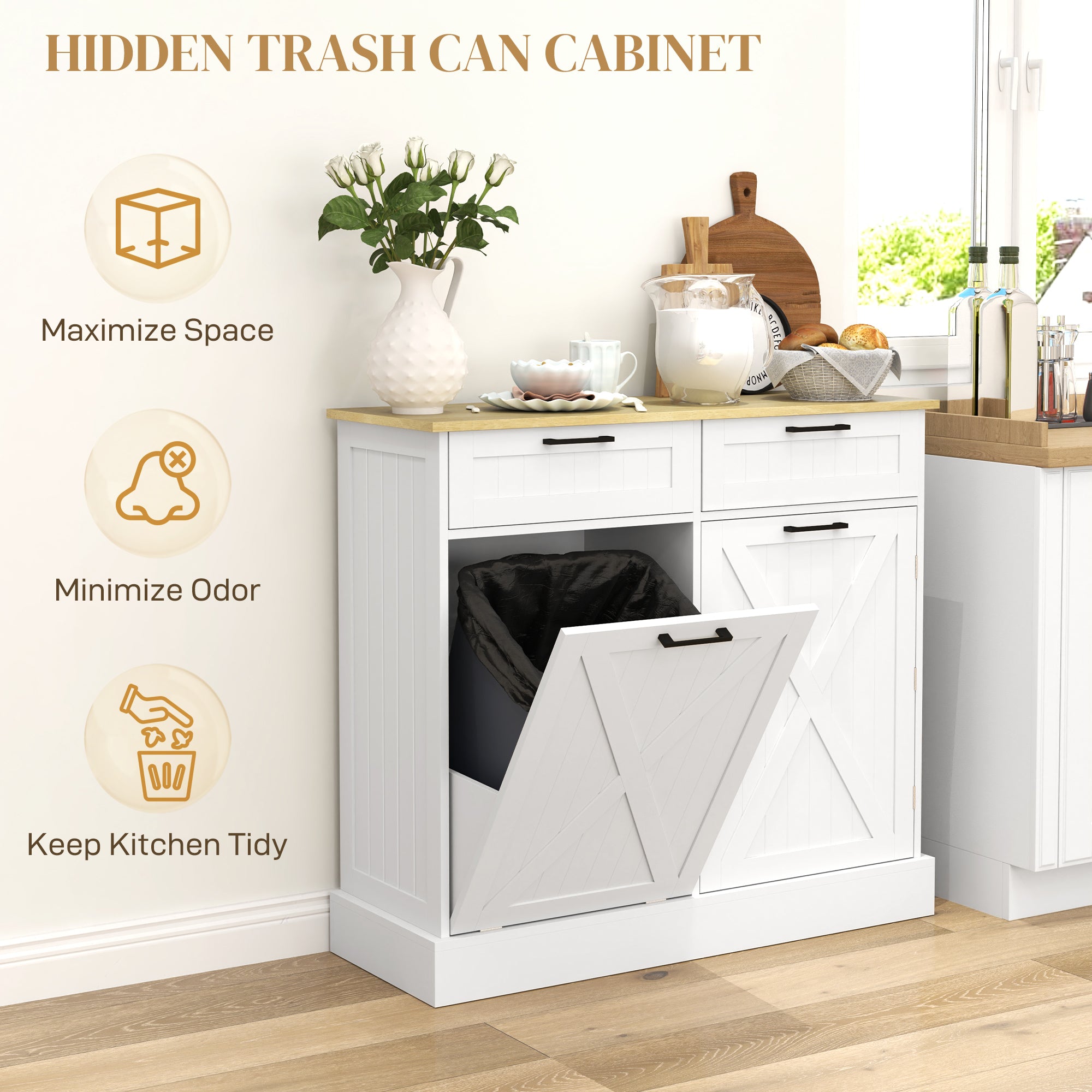 HOMCOM Sideboard with Tilt-out Trash Bin, Farmhouse Kitchen Sideboard with 2 Drawers, Adjustable Shelves, Door Racks, White 