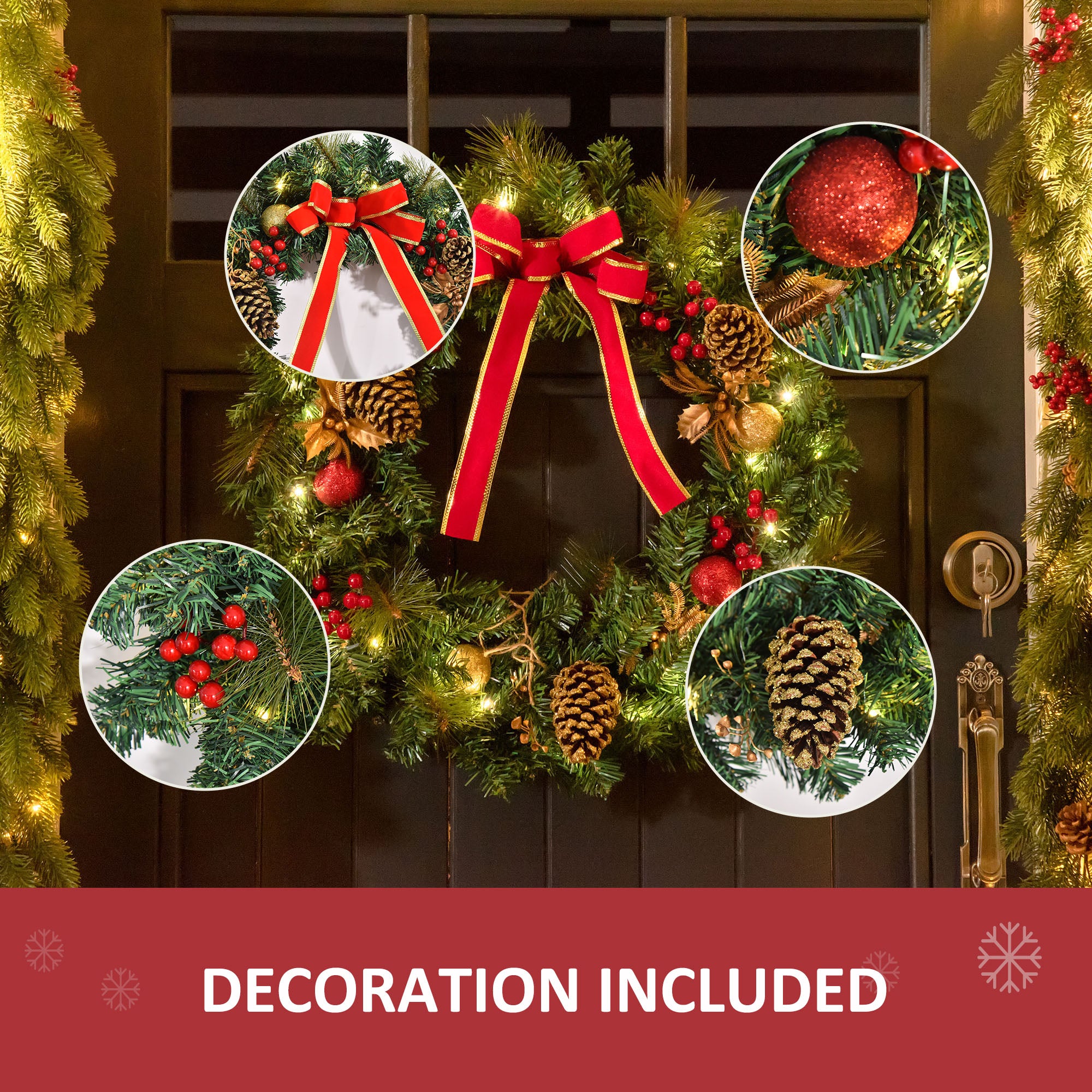 HOMCOM 60cm Pre-Lit Artificial Christmas Door Wreath Holly LED Decor Pine Cones Hanging Glittered Festival Indoor Outdoor Decoration 