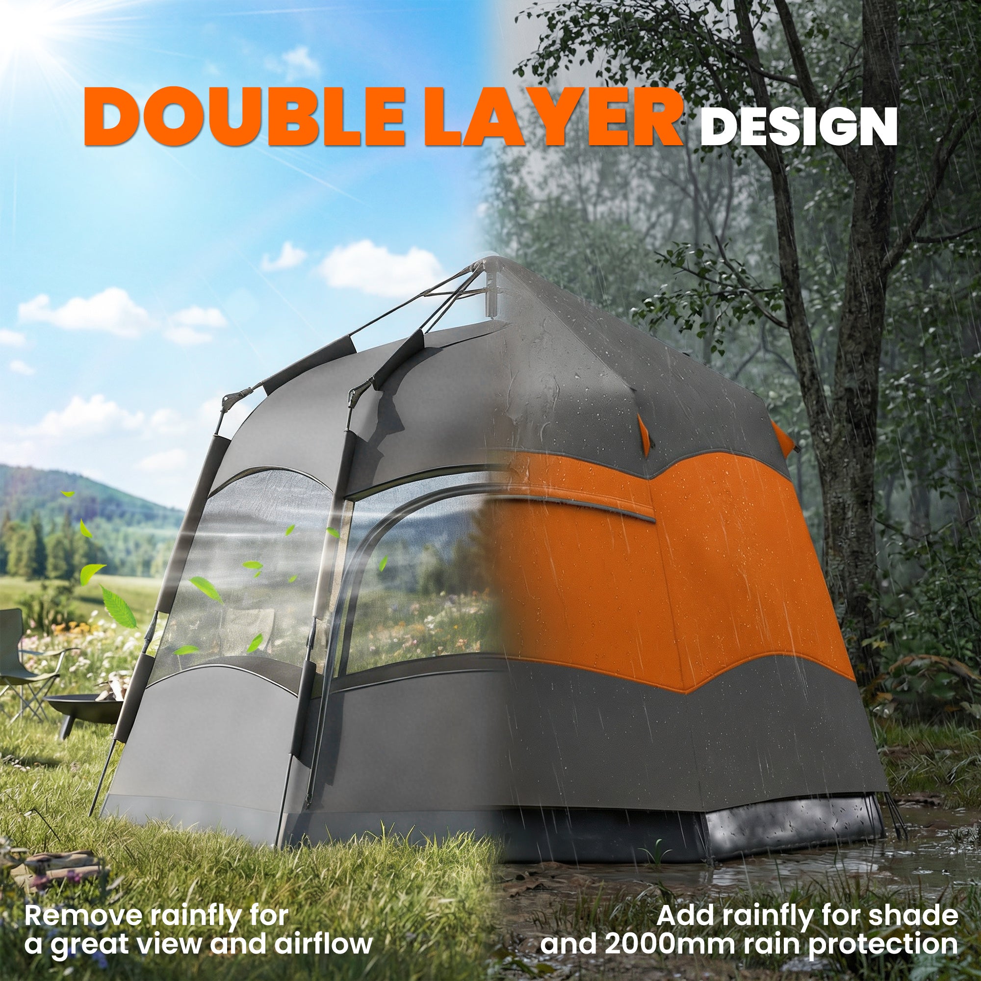 Outsunny Double Layer Instant Pop Up Tent with Rainfly, Portable Camping Shelter with Sewn-in Groundsheet and Carry Bag, Orange 