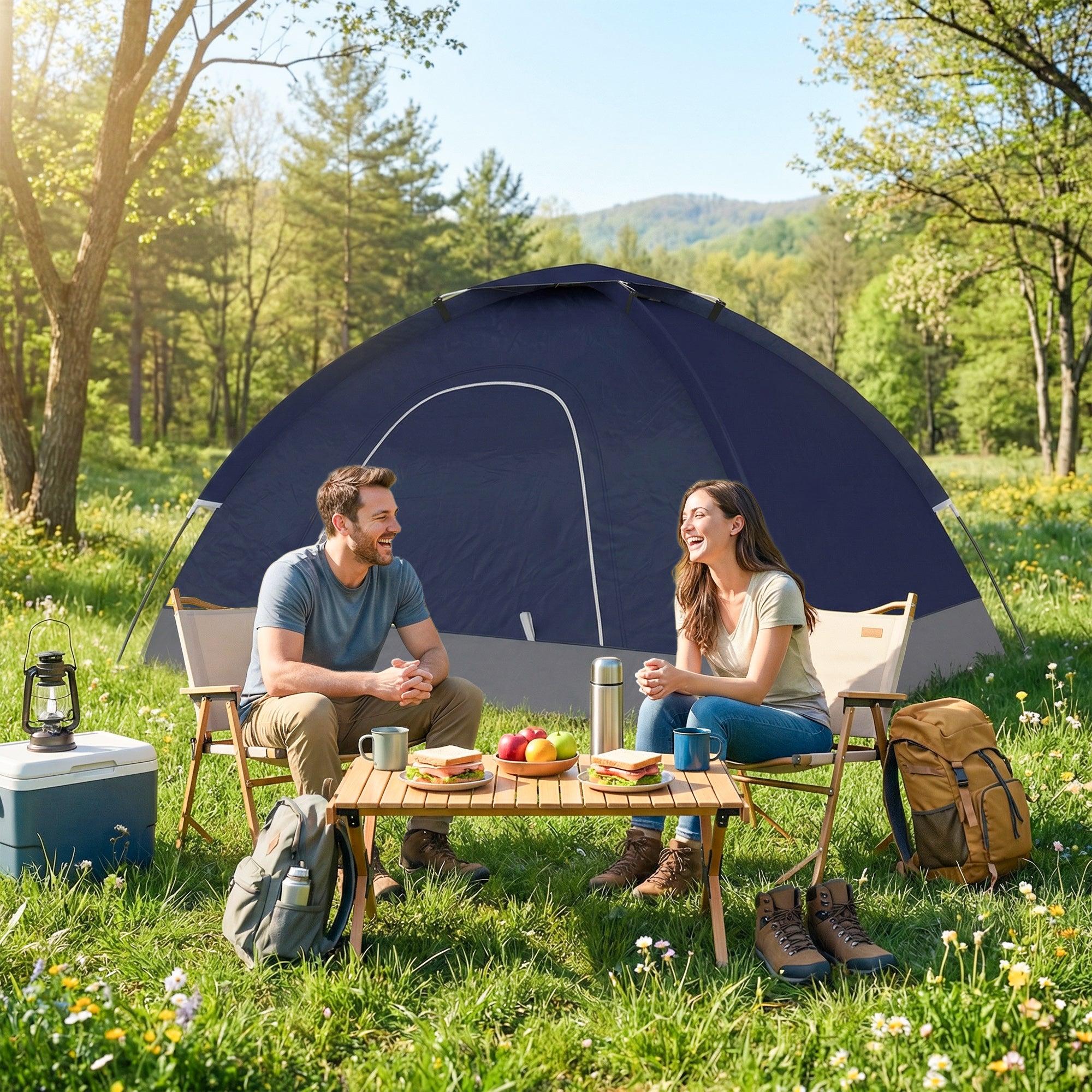 Outsunny 2 Person Camping Tent, Dome Tent with Zipped Doors, Storage Pocket, Portable Handy Bag, Navy Blue 