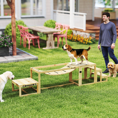 PawHut 3 Pieces Wooden Dog Agility Training Equipment with Soft Bridge, Pause Platform and Pet Stair for Outdoor, Natural Wood 