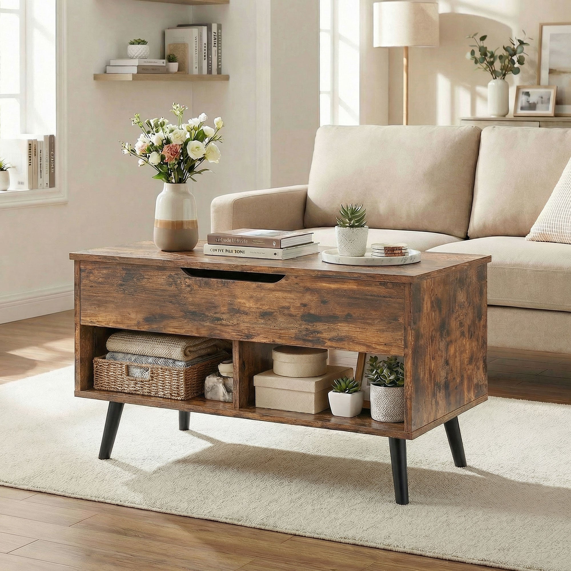 HOMCOM Lift Top Coffee Table with Hidden Storage Living Room Table Metal Legs 75 cm Rustic Brown 