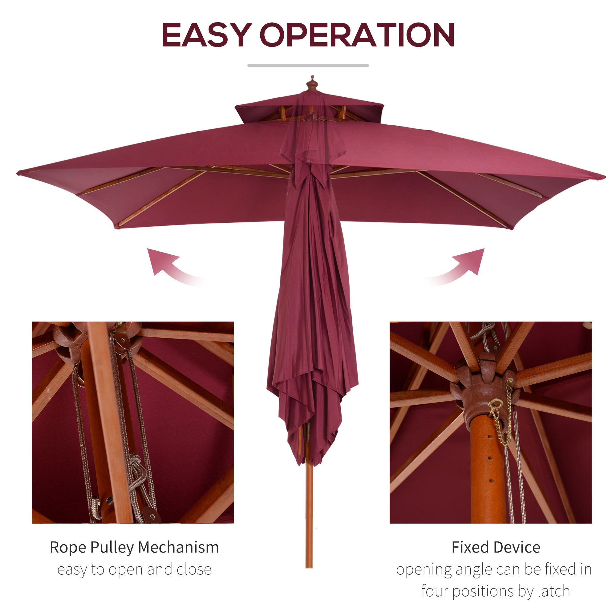 Outsunny 3 x 3(M) Garden Parasol Umbrella Sunshade, Outdoor Wooden Parasol with Double Tier Canopy, Wine Red 