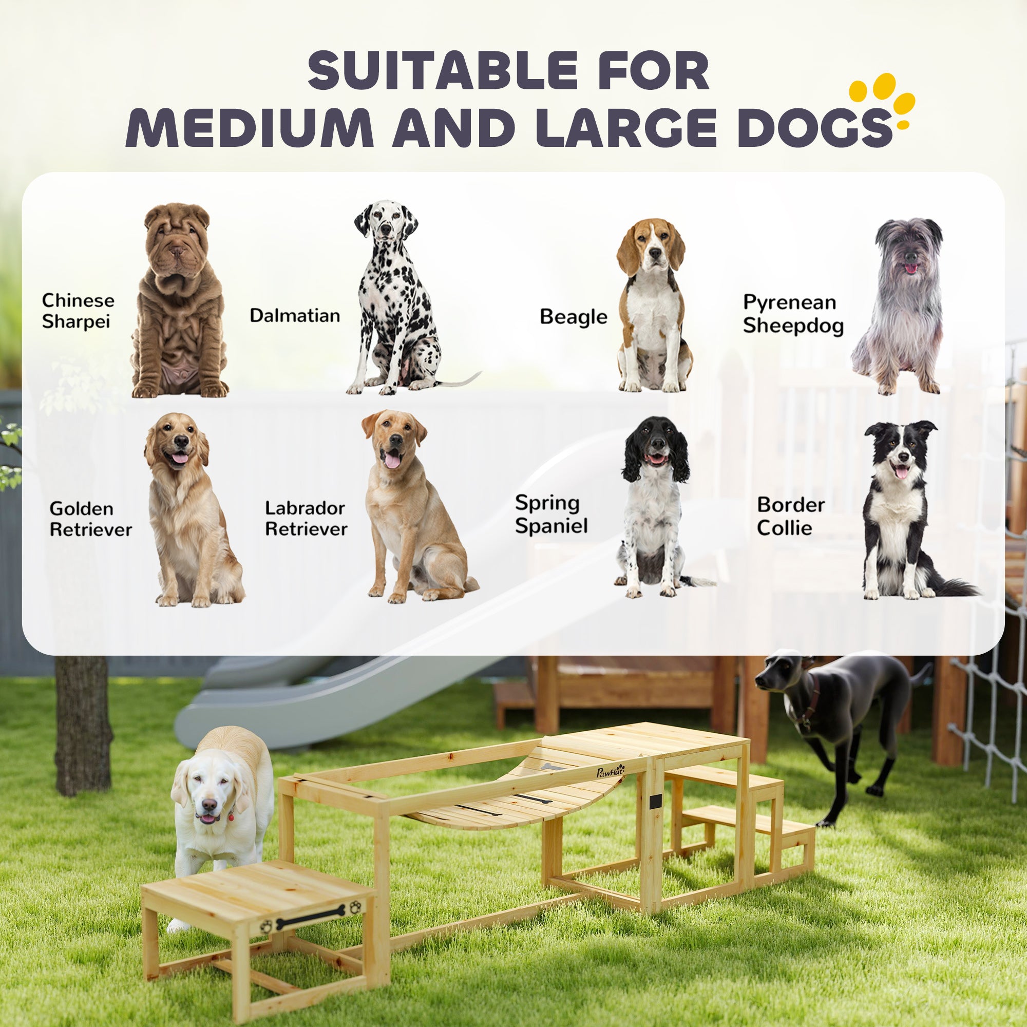 PawHut 3 Pieces Wooden Dog Agility Training Equipment with Soft Bridge, Pause Platform and Pet Stair for Outdoor, Natural Wood