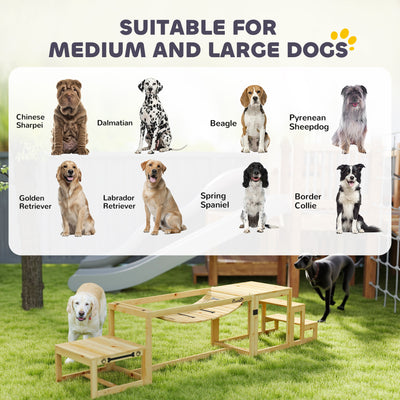PawHut 3 Pieces Wooden Dog Agility Training Equipment with Soft Bridge, Pause Platform and Pet Stair for Outdoor, Natural Wood 