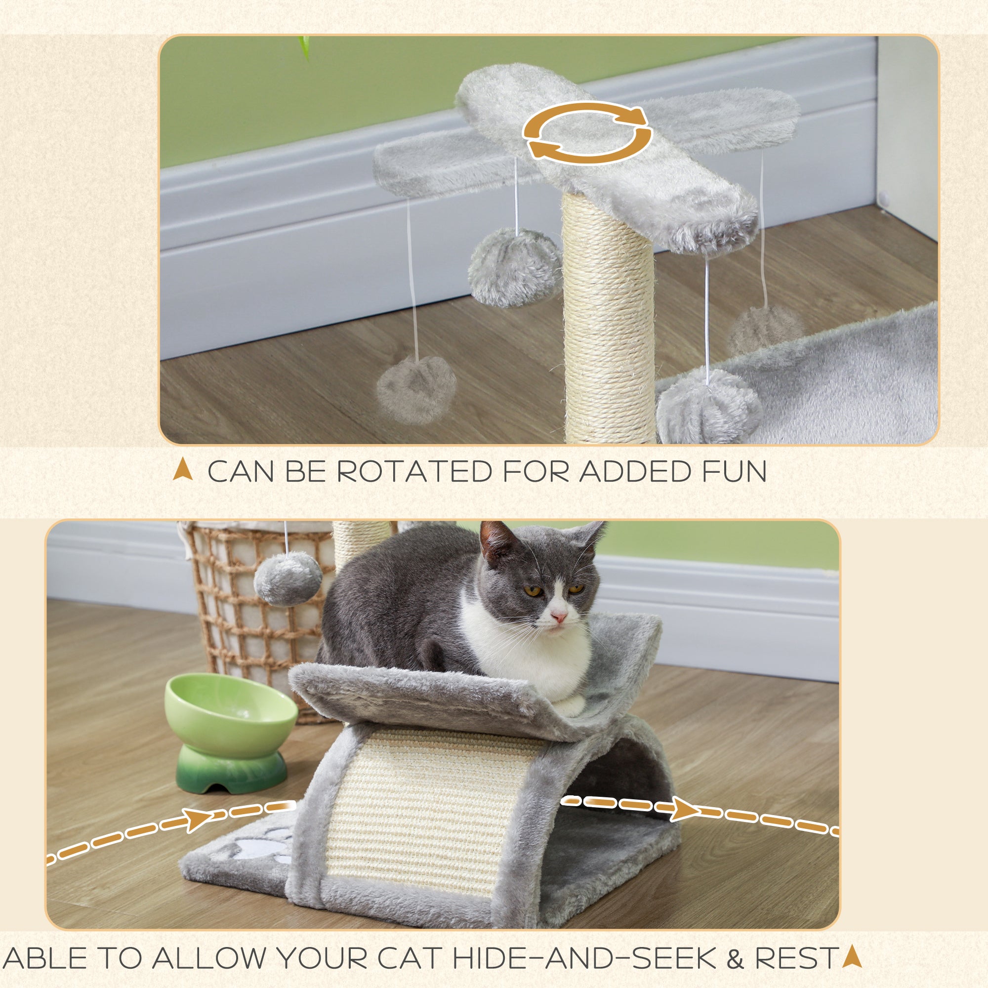 PawHut Cat Tree, Cat Tower for Kittens, Small Cat Condo with Rotatable Top Bar, Sisal Scratching Post, Tunnel, Dangling Balls - Grey 