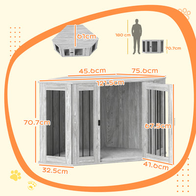 PawHut 2 in 1 Dog Crate Furniture Side Table, with Cushion, 122 x 61 x 71cm - Grey 
