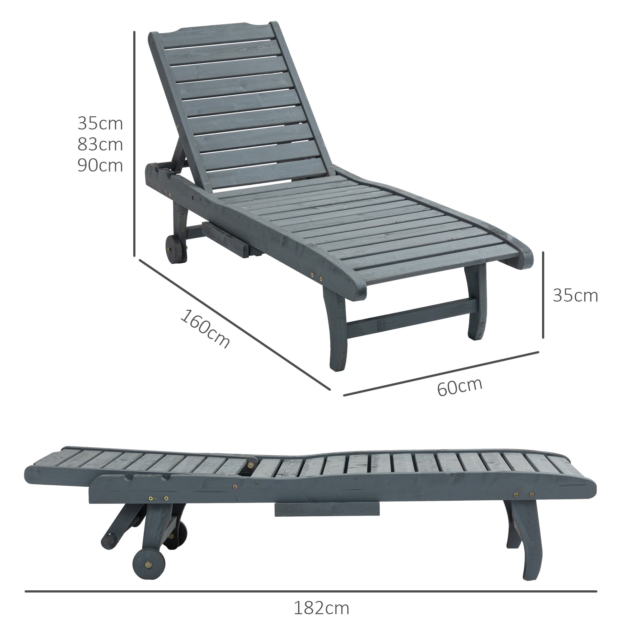 Outsunny Garden Patio Sun Lounger, Outdoor Wooden Sun Bed with Built-In Table, Reclining Backrest and Rolling Wheels for Sunbathing, Grey 