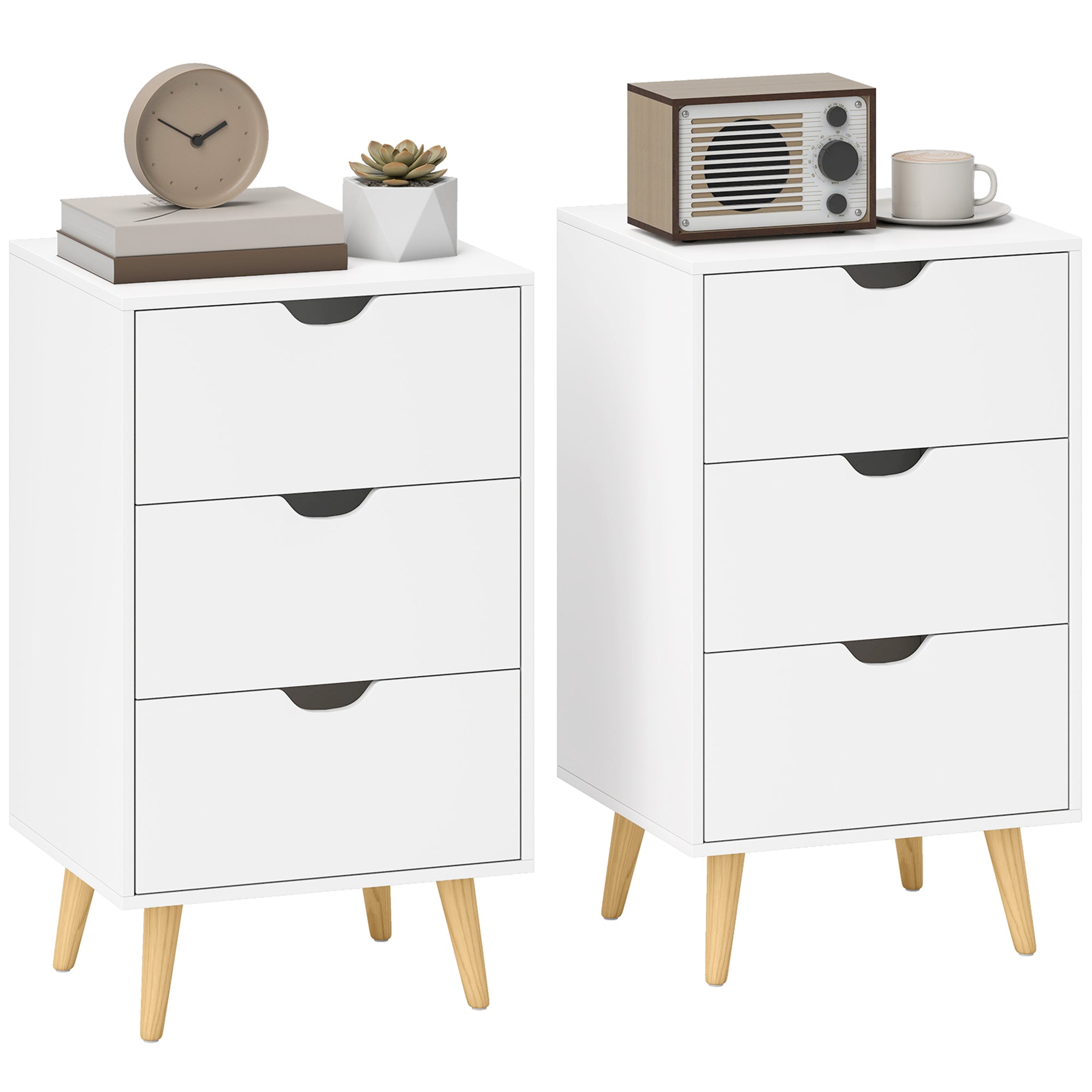 HOMCOM Set of 2 Bedside Tables, Modern Nightstand Side End Table with 3 Storage Drawers and Solid Pine Wood Legs for Bedroom Living Room Entryway, White 
