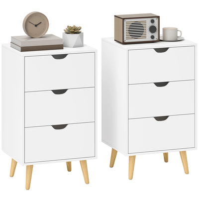 HOMCOM Set of 2 Bedside Tables, Modern Nightstand Side End Table with 3 Storage Drawers and Solid Pine Wood Legs for Bedroom Living Room Entryway, White 