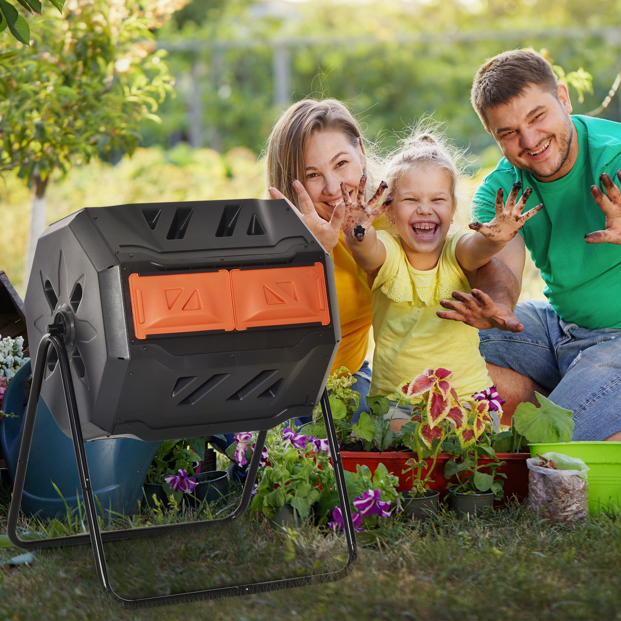 Outsunny 160L 360\'c2\'b0 Rotating Dual Chamber Composter - Orange