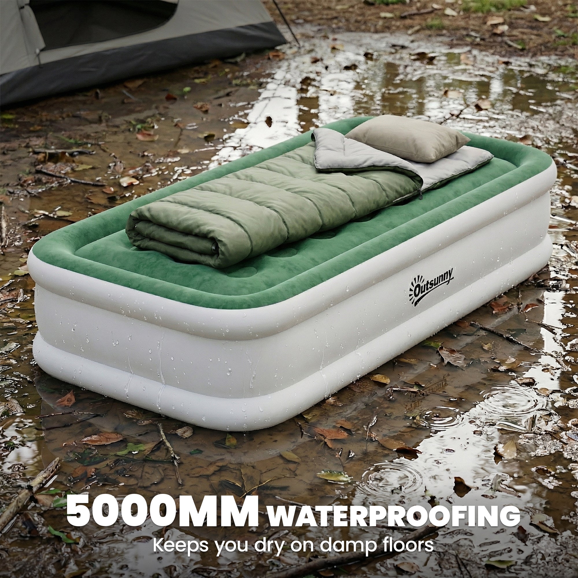 Outsunny Inflatable Mattress, Single Air Bed with Built-in Electric Pump, 3 Mins Inflation, Flocked Surface, Dark Green 