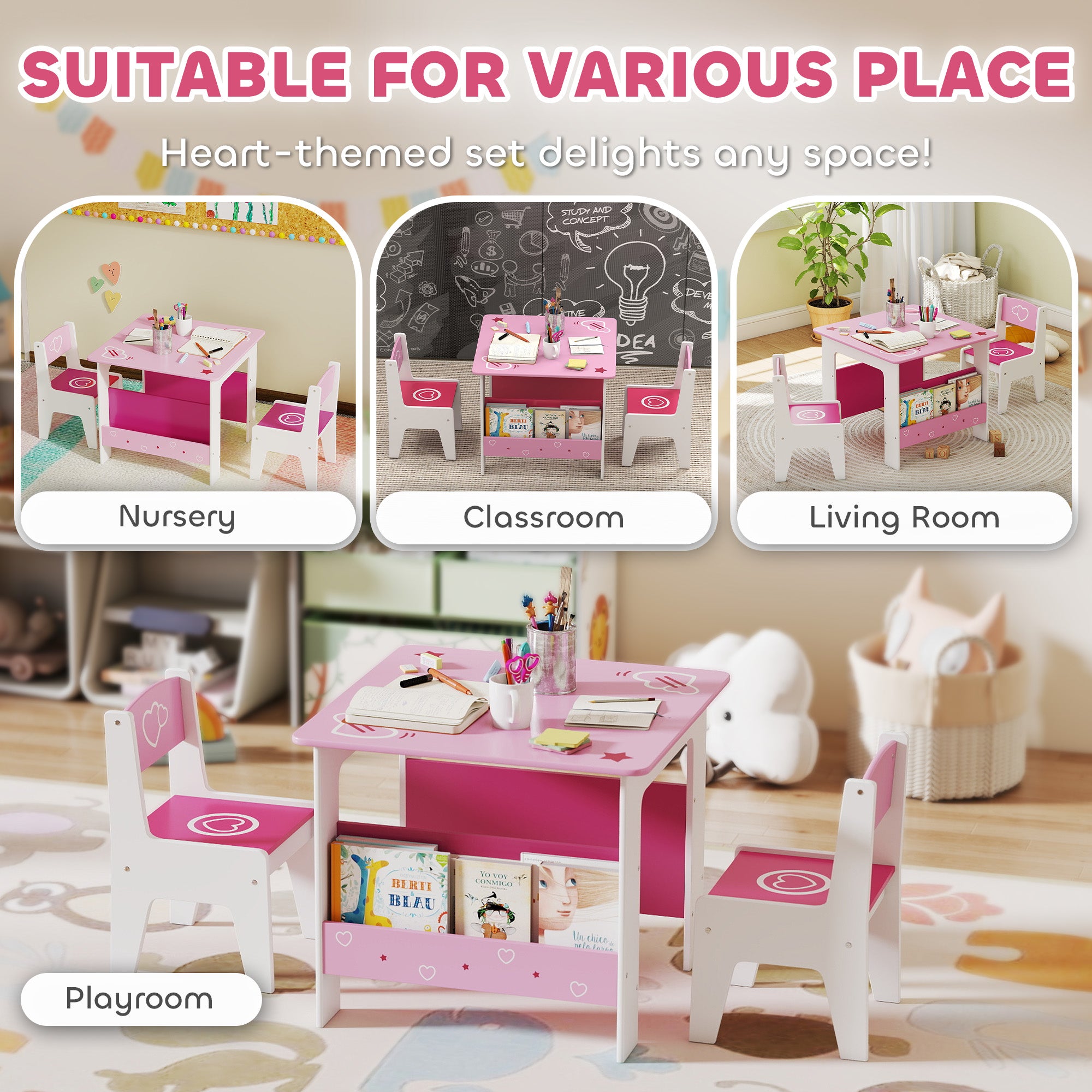 AIYAPLAY 3 Pieces Kids Table and Chair Set, Toddler Activity Table with Bookshelves, for Living Room, Nursery, Playroom, Pink 