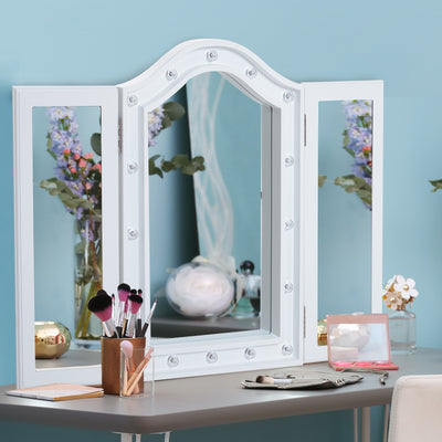 HOMCOM Trifold Freestanding Mirror, Lighted Tabletop Vanity Mirror Large Cosmetic w/16 LED Lights powered by batteries Foldable For Bedroom- White 