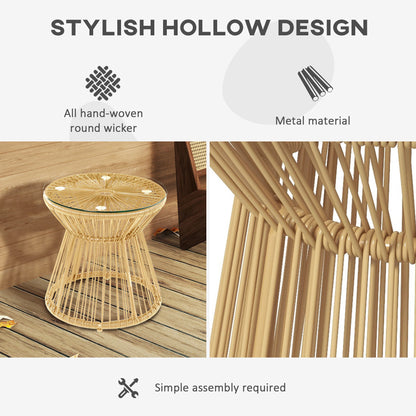 Outsunny Round End Table, Rattan Side Table, Hollow Drum Design Coffee Table w/ Glass Tabletop for Patio, Garden, Balcony Natural 