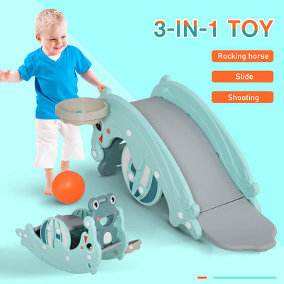 HOMCOM 3-in-1 Baby Rocking Horse Portable Slide Basketball Hoop Equipment Indoor Outdoor Playground Toy, Age 18-36 Months, Green 
