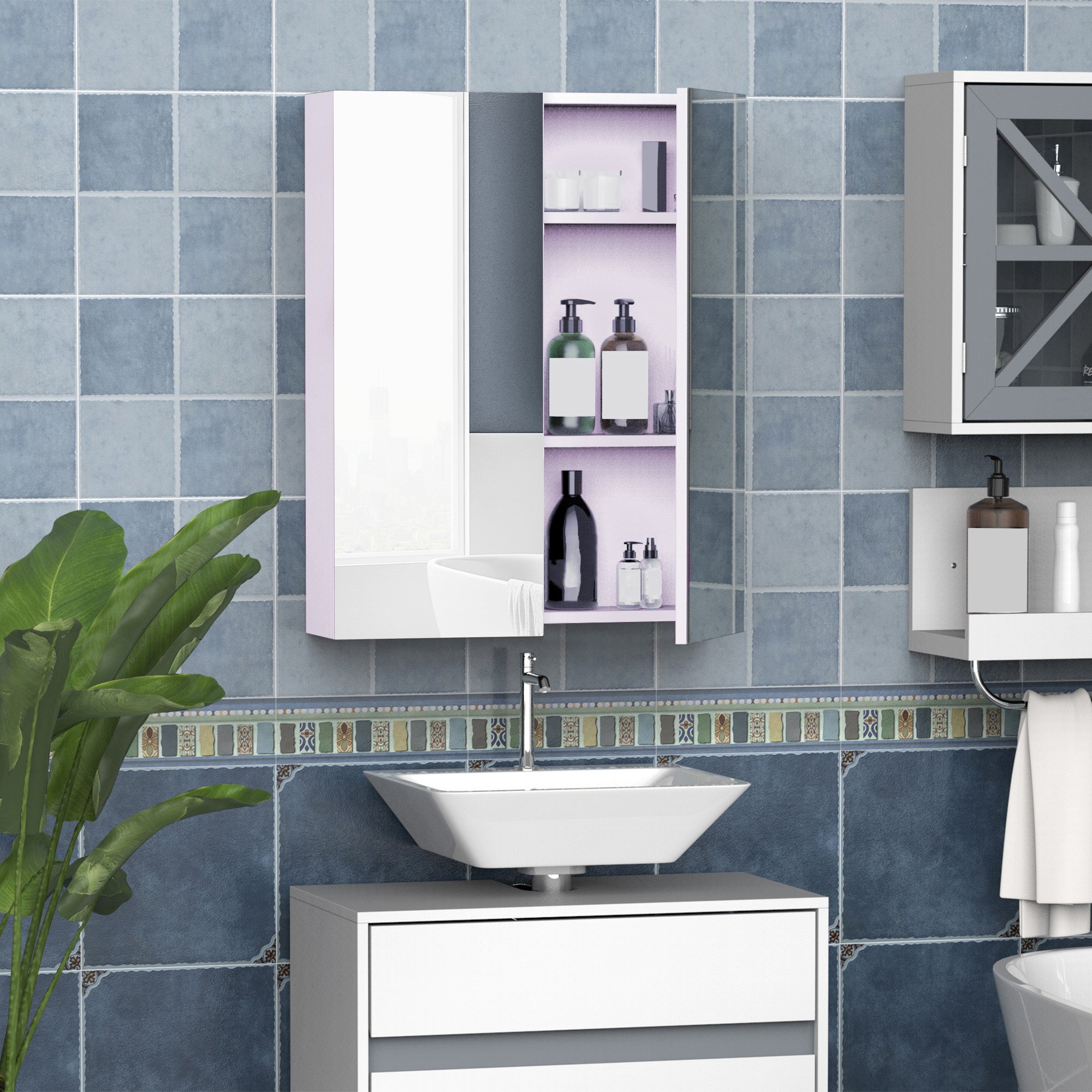 HOMCOM Mirror Cabinet, Wall Mount Bathroom Storage Cabinet with Adjustable Shelf, Double Door Cupboard, 60 x 15 x 75 cm, White 
