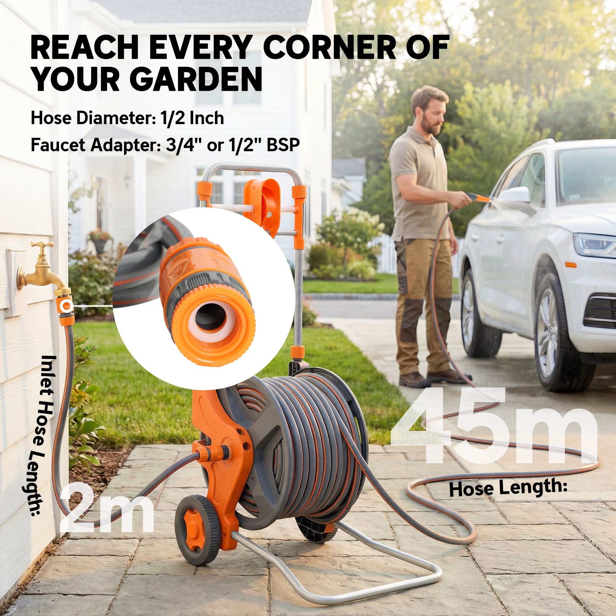 Outsunny Hose Reel Cart with Wheels, 45+2m Garden Hose Reel with 2 Patterns Nozzle, Faucet Adaptors and Rewind Handle, Orange 