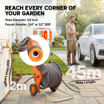 Outsunny Hose Reel Cart with Wheels, 45+2m Garden Hose Reel with 2 Patterns Nozzle, Faucet Adaptors and Rewind Handle, Orange 