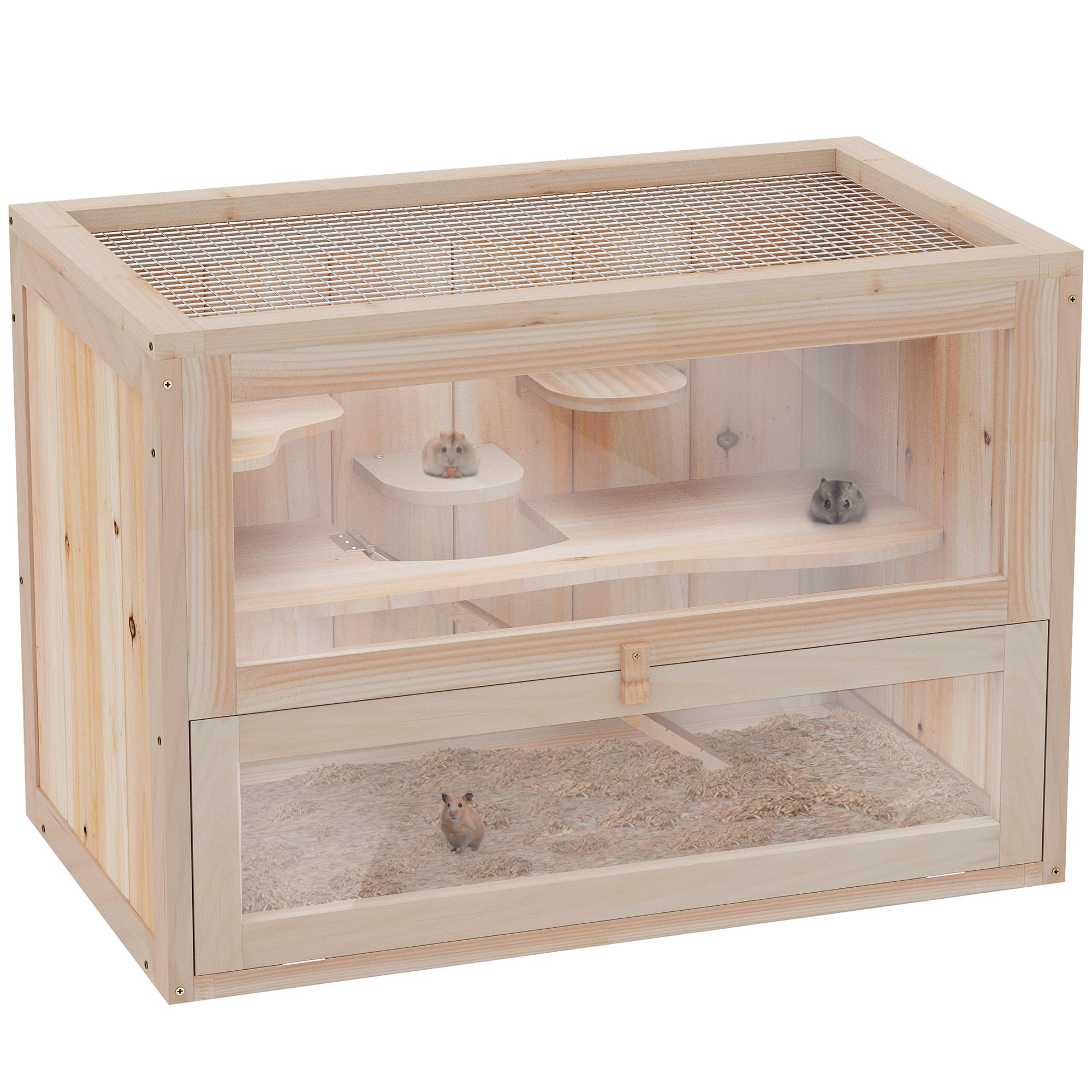 PawHut Wooden Hamster Cage Mouse Mice Rodent Small Animals Hutch Exercise Play House 60 x 35 x 42cm, Natural Wood Finish 