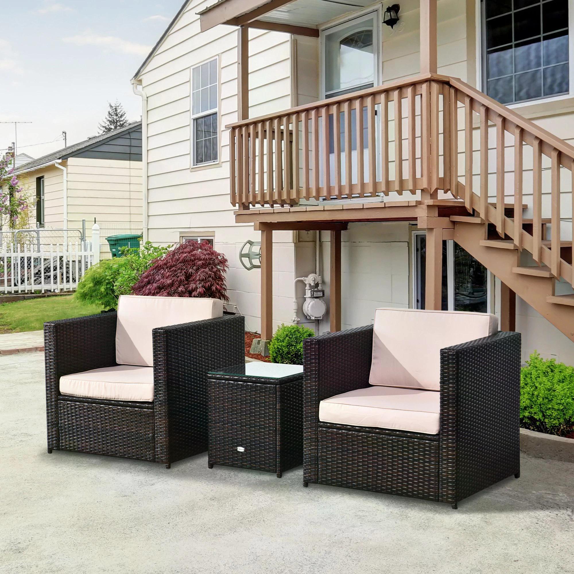 Outsunny 2-Seater Rattan Sofa  Furniture Set W/Cushions, Steel Frame-Brown 