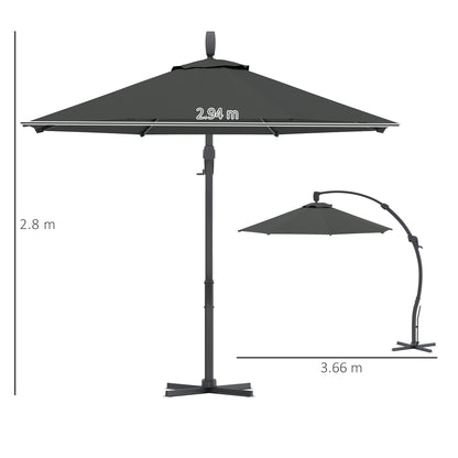 Outsunny 3(m) Garden Cantilever Parasol, Round Overhanging Umbrella with Crank Handle, Cross Base, Aluminium Frame and 360° Rotation, Banana Patio Umbrella for Outdoor Sun Shade, Grey 