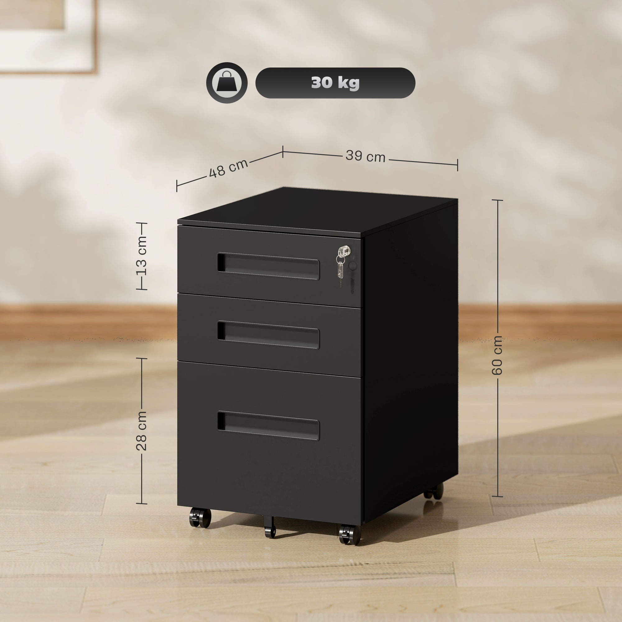 Vinsetto Metal Mobile File Cabinet with Wheels, Lockable 3 Drawer Filing Cabinet for A4, Legal, Letter, Under Desk Storage Unit with Pre-Assembled Body for Home Office, 39 x 48 x 60cm, Black 