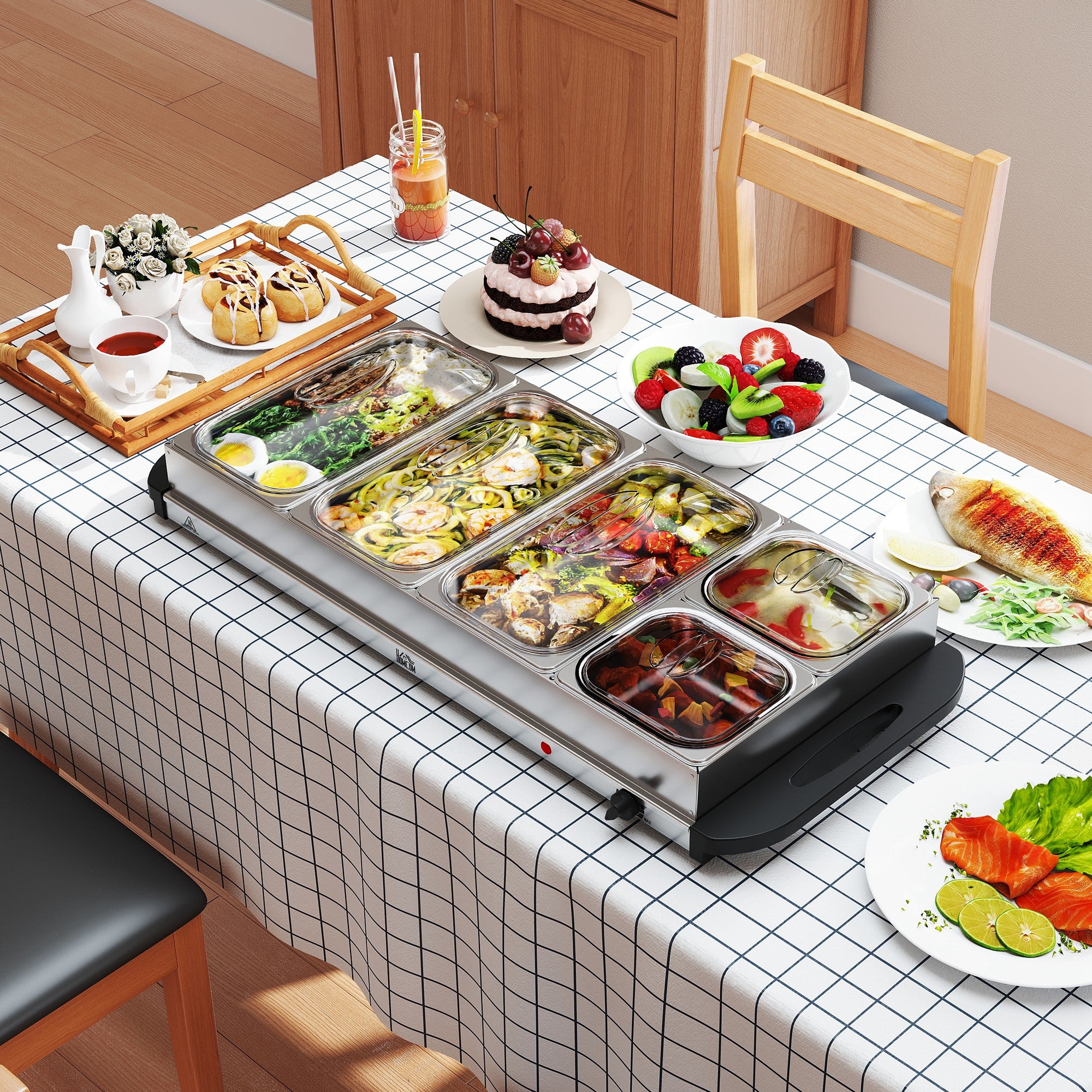 HOMCOM Electric Food Warmer 5 Tray, 9.2L Portable Buffet Server and Warming Tray with Lids, Adjustable Temperature Control and Cool Touch Handles, 450W, 3 x 2.4L and 2 x 1L, Silver Tone