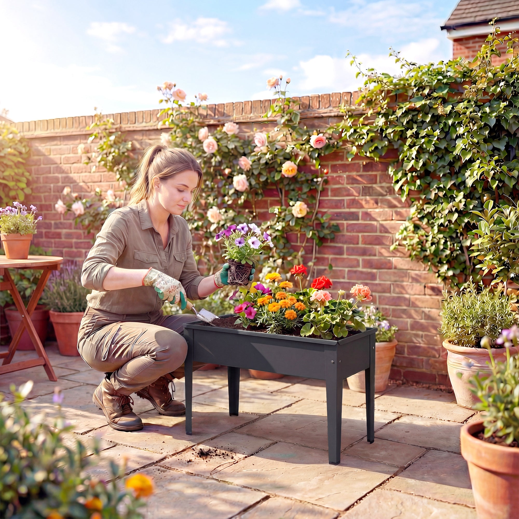 Outsunny Raised Planter, Metal Raised Garden Bed on Legs with Drainage Hole and Foot Covers, Black 