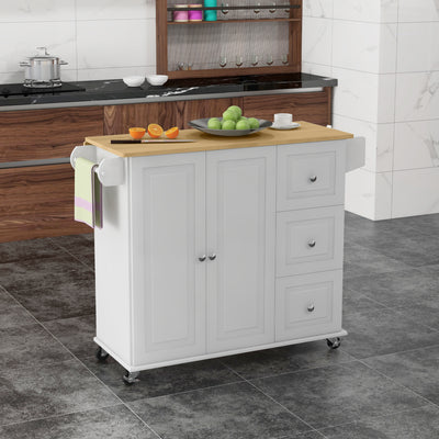 HOMCOM Kitchen Island with Drop Leaf, Rolling Kitchen Storage Trolley on Wheels with 3 Drawers, Spice Rack and Towel Rack, Storage Cart with Rubber Wood Top, White 