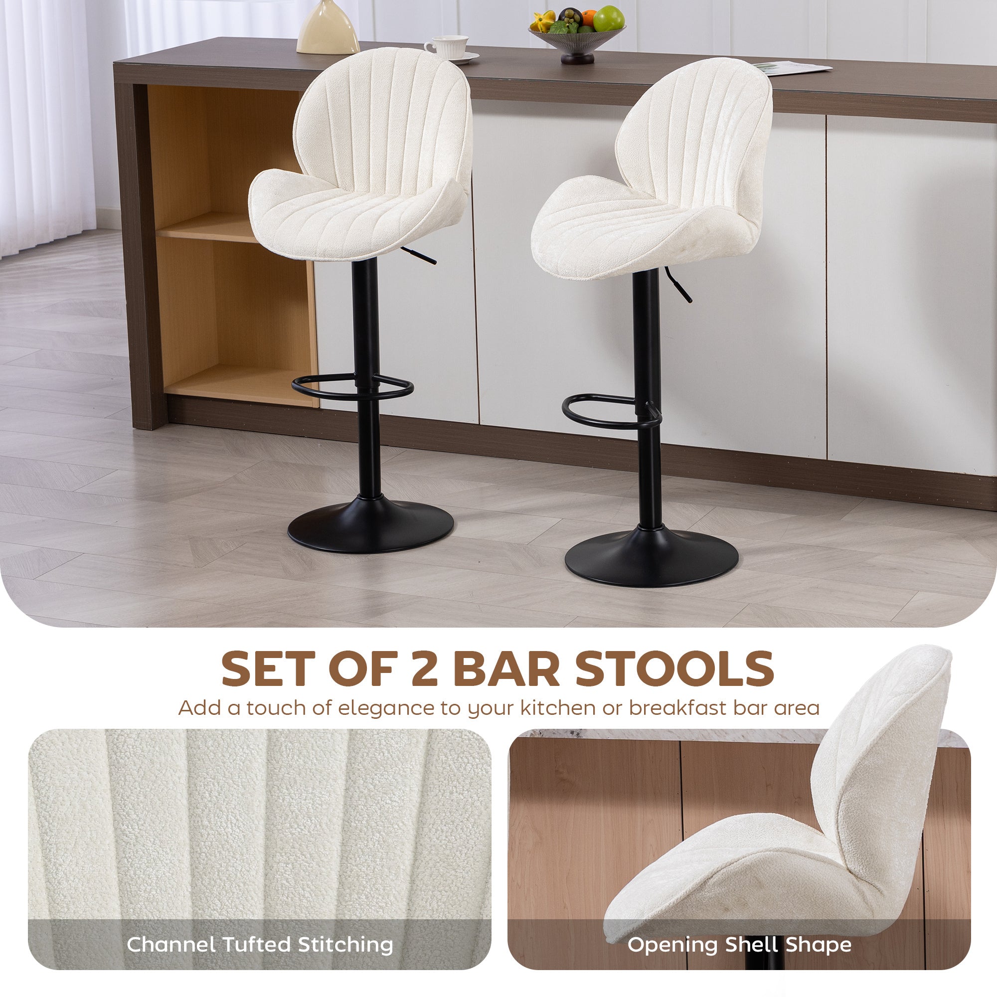 HOMCOM Bar Stools Set of 2, Swivel Barstools with Back, Adjustable Height and Footrest for Kitchen Island, Dining Room, Cream 